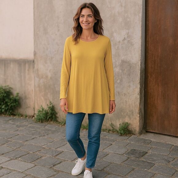 J. Jill Mustard Yellow Long Sleeve Tunic Top XL Pleated Back Stretch Blouse - Picture 1 of 9